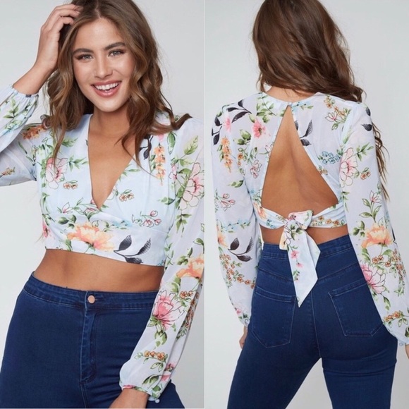 Tops - Blue Floral Print Vneck Open Back Crop Top